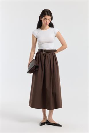 Onyx Büzgülü Kemerli Poplin Etek - Kahverengi