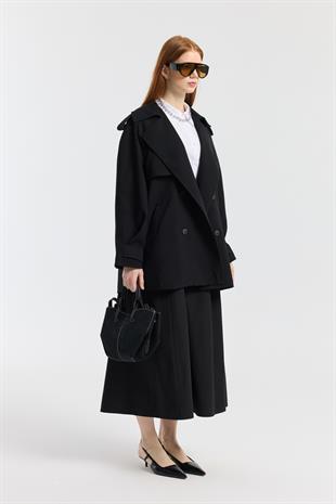 Onyx Büzgülü Kemerli Poplin Etek - Siyah 