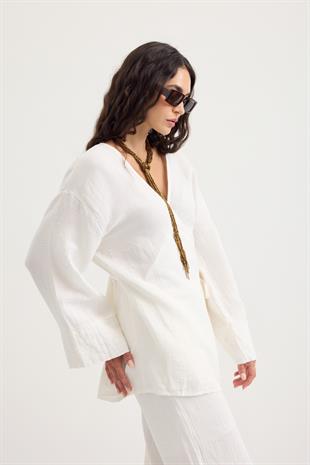 Opal Kruvaze Bağlamalı Müslin Takım - Ekru