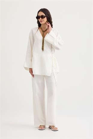 Opal Kruvaze Bağlamalı Müslin Takım - Ekru