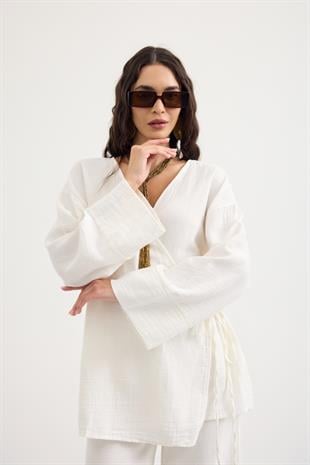 Opal Kruvaze Bağlamalı Müslin Takım - Ekru