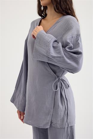 Opal Kruvaze Bağlamalı Müslin Takım - Gri