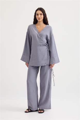 Opal Kruvaze Bağlamalı Müslin Takım - Gri