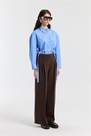 Orchid Düğme Detaylı Pileli Palazzo Pantolon - Kahverengi