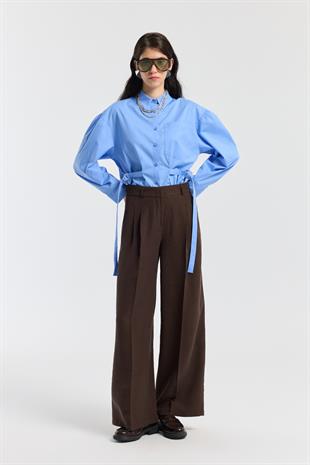 Orchid Düğme Detaylı Pileli Palazzo Pantolon - Kahverengi