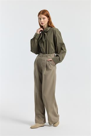 Orchid Düğme Detaylı Pileli Palazzo Pantolon - Haki