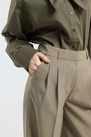 Orchid Düğme Detaylı Pileli Palazzo Pantolon - Haki