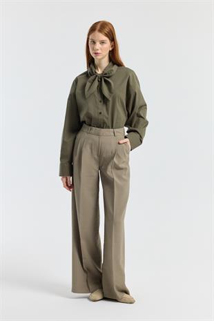Orchid Düğme Detaylı Pileli Palazzo Pantolon - Haki