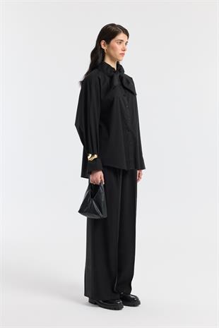 Orchid Düğme Detaylı Pileli Palazzo Pantolon - Siyah