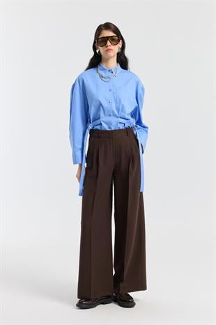 Orchid Düğme Detaylı Pileli Palazzo Pantolon - Kahverengi