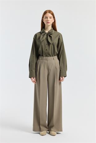 Orchid Düğme Detaylı Pileli Palazzo Pantolon - Haki