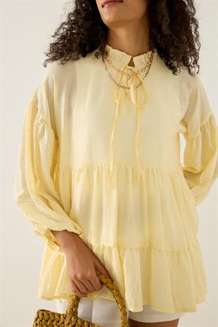 Paola Robalı Büzgülü Tunik - Limon sarı