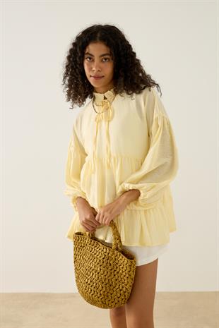 Paola Robalı Büzgülü Tunik - Limon sarı