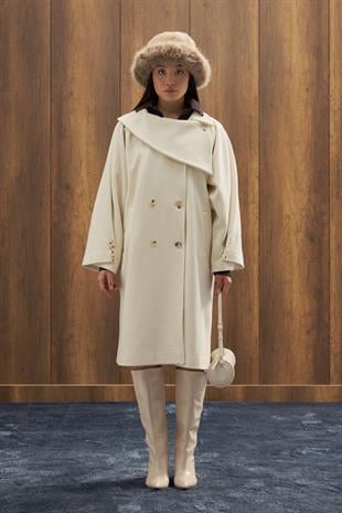 Paradoks Yaka Detaylı Oversize Kaban - Ekru 