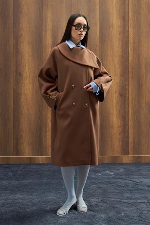 Paradoks Yaka Detaylı Oversize Kaban  - Kahverengi 