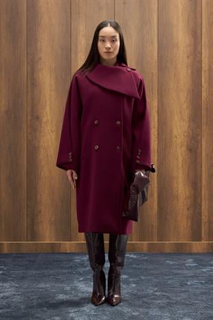 Paradoks Yaka Detaylı Oversize Kaban - Mürdüm