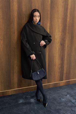 Paradoks Yaka Detaylı Oversize Kaban - Siyah 