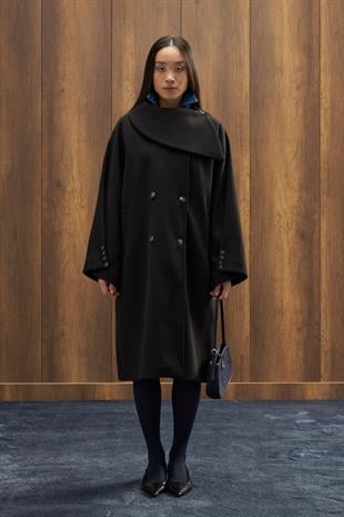 Paradoks Yaka Detaylı Oversize Kaban - Siyah 