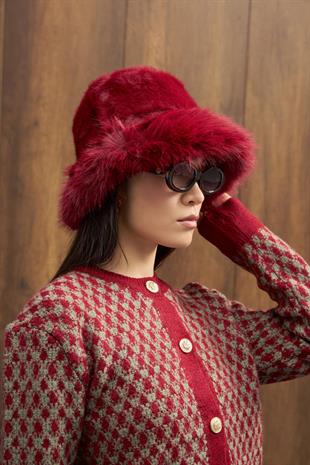 Peluş Bucket Şapka - Kırmızı 