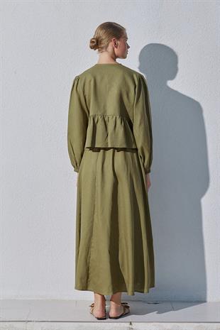 Peony Kloş Linen Etek - Haki