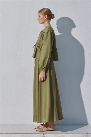 Peony Kloş Linen Etek - Haki