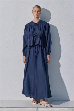 Peony Kloş Linen Etek - Lacivert
