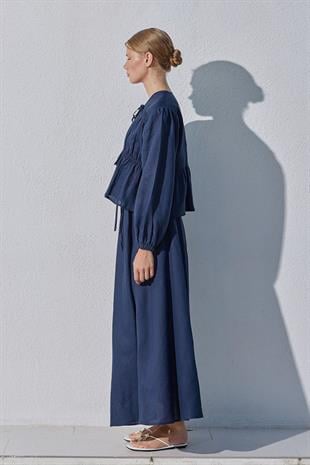 Peony Kloş Linen Etek - Lacivert