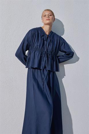 Peony Kloş Linen Etek - Lacivert