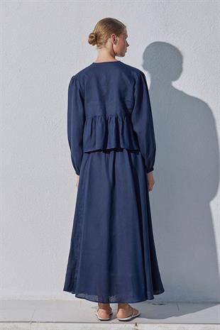Peony Kloş Linen Etek - Lacivert