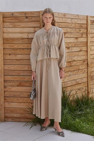 Peony Kloş Linen Etek - Vizon 