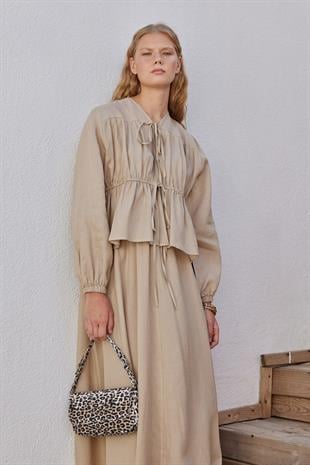 Peony Kloş Linen Etek - Vizon 