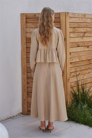 Peony Kloş Linen Etek - Vizon 