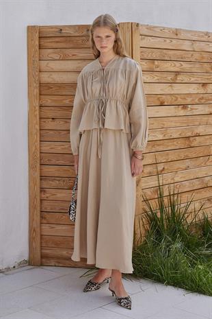 Peony Kloş Linen Etek - Vizon 