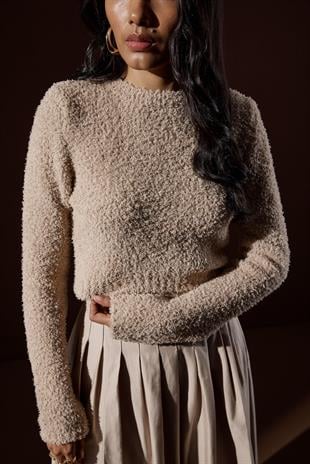 Petal Kırçıllı Crop Kazak - Vizon