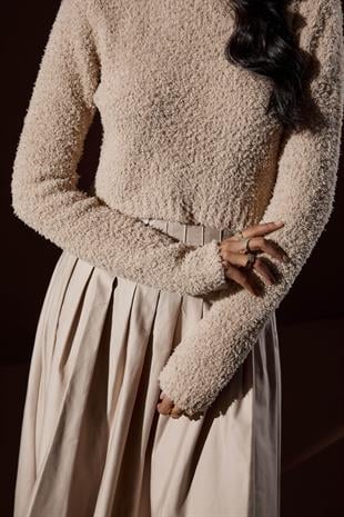 Petal Kırçıllı Crop Kazak - Vizon