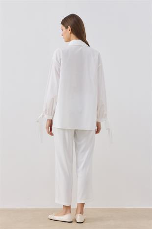 Polly Kalp Düğmeli Nervürlü Gömlek- Beyaz