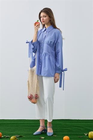 Polly Kalp Düğmeli Nervürlü Gömlek- Mavi 