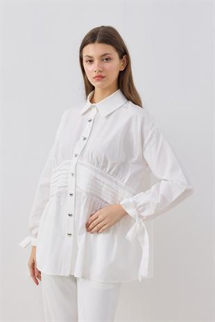 Polly Kalp Düğmeli Nervürlü Gömlek- Beyaz