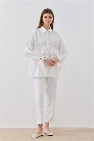 Polly Kalp Düğmeli Nervürlü Gömlek- Beyaz