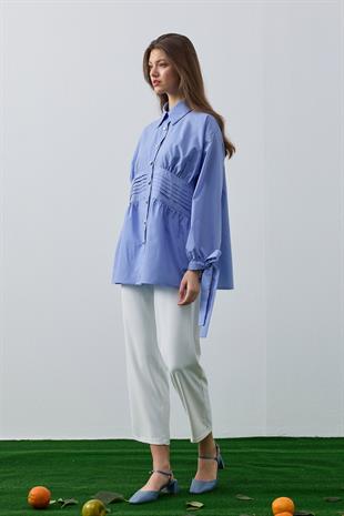 Polly Kalp Düğmeli Nervürlü Gömlek- Mavi 