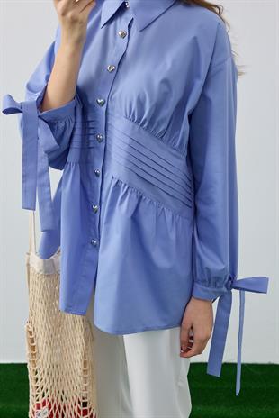 Polly Kalp Düğmeli Nervürlü Gömlek- Mavi 