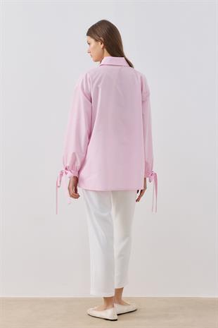 Polly Kalp Düğmeli Nervürlü Gömlek- Pembe