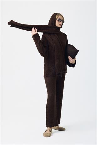 Polyane Atkılı Dokulu Triko Takım - Acı kahve