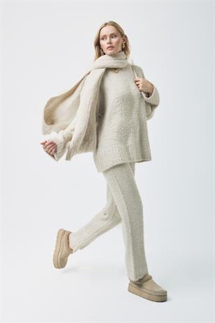 Polyane Atkılı Dokulu Triko Takım - Bej 
