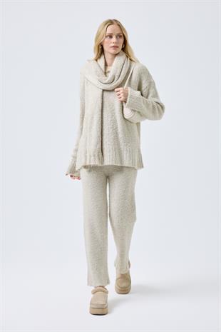 Polyane Atkılı Dokulu Triko Takım - Bej 