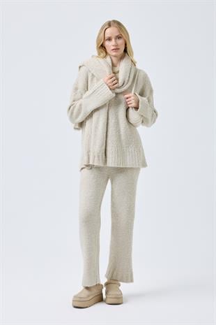 Polyane Atkılı Dokulu Triko Takım - Bej 