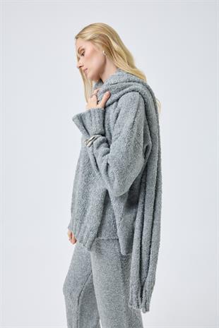 Polyane Atkılı Dokulu Triko Takım - Gri