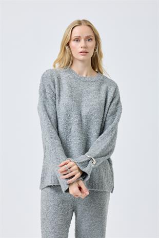 Polyane Atkılı Dokulu Triko Takım - Gri