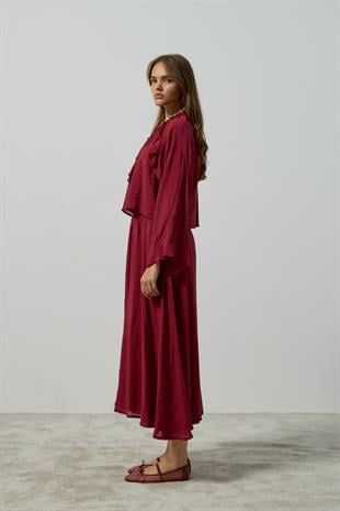 Poppy Büzgülü Volanlı Takım  - Bordo