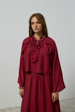 Poppy Büzgülü Volanlı Takım  - Bordo